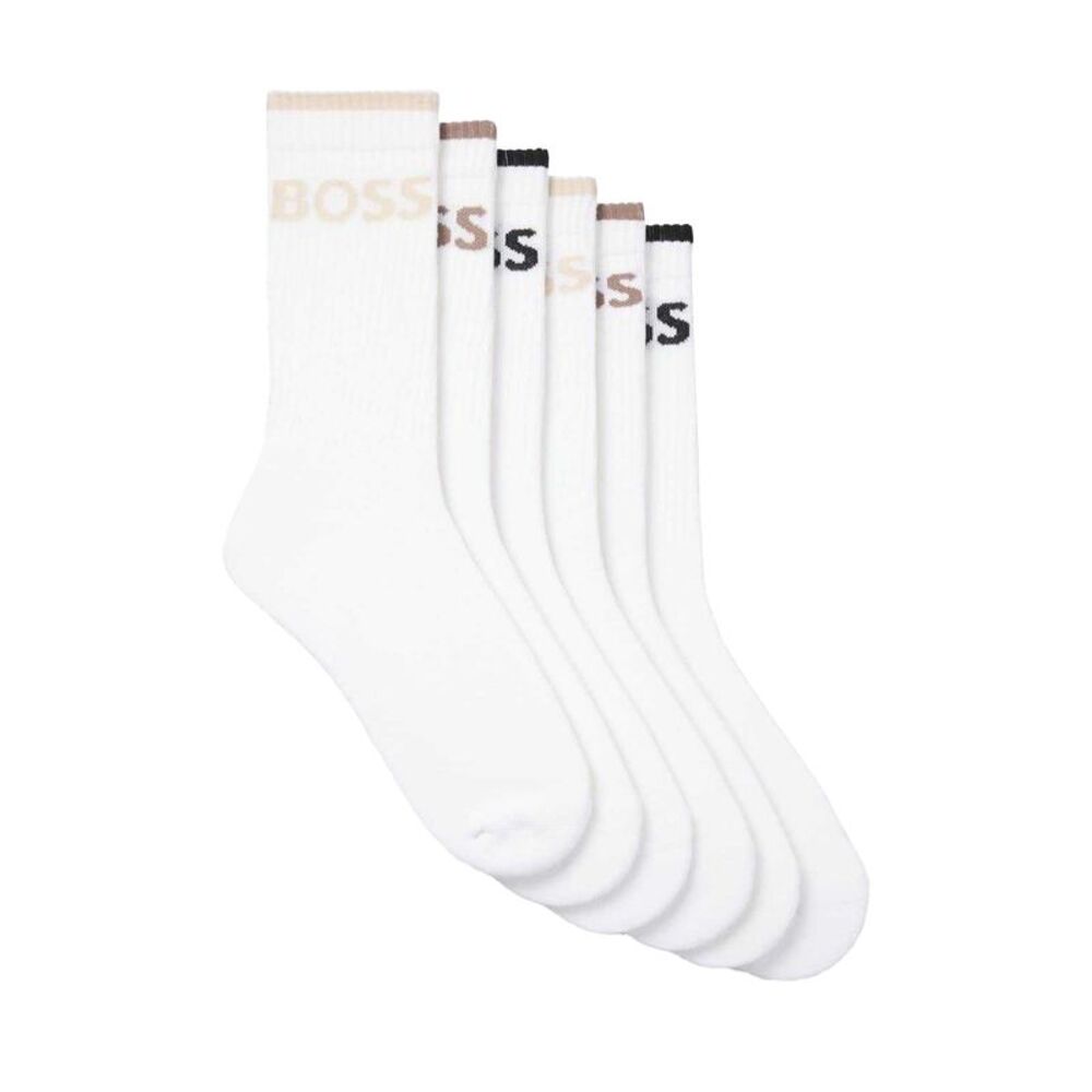 Boss Mens Lettering Cotton Blend Crew Socks (Pack of 6) / White